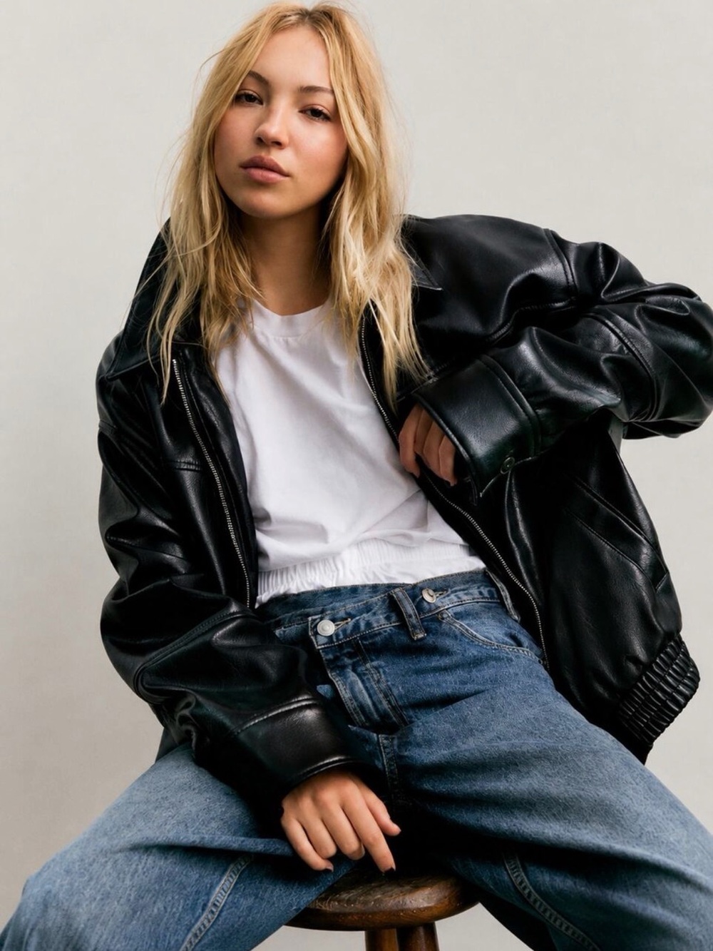 ZARA Black Faux Leather Oversized Bomber Jacket XS